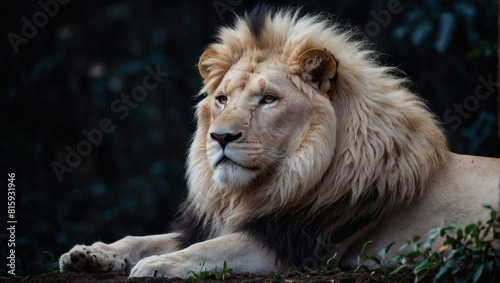 Regal White Lion King  Majestic Portrait on Black Background