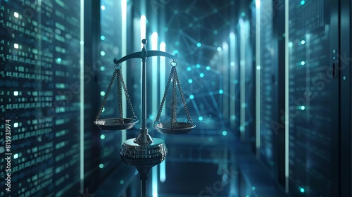 digital law concept justice scales in modern data center symbolizing the intersection of judiciary and technology