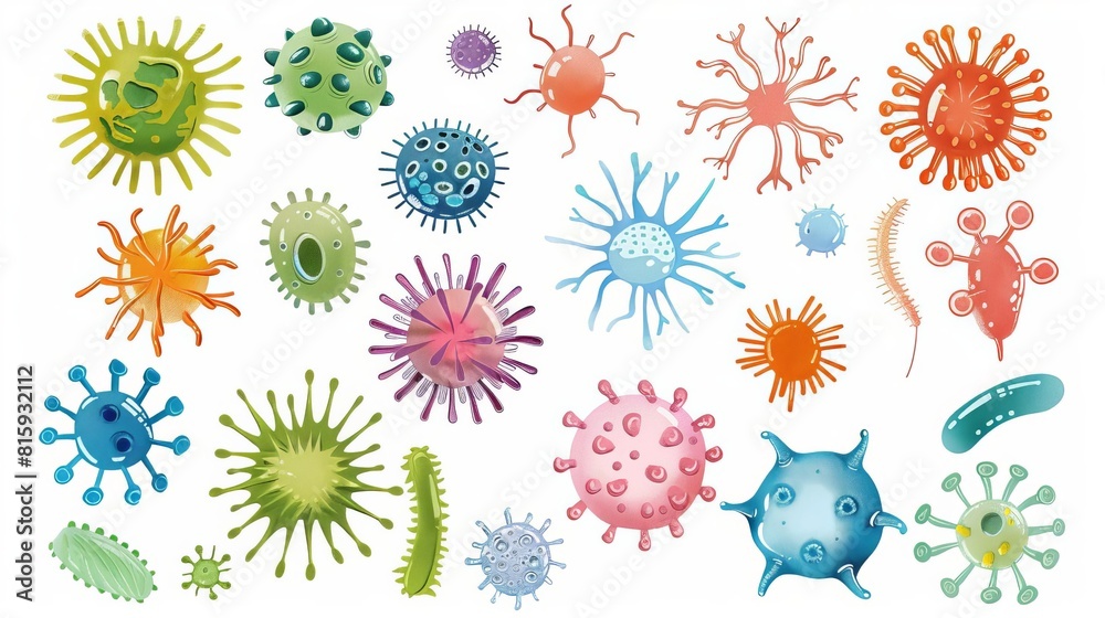 Fototapeta premium diverse set of microbes and viruses isolated on white scientific illustration