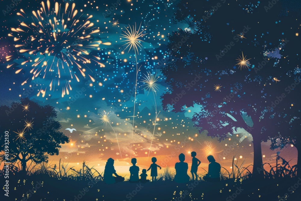 Vibrant fireworks illuminate the night sky as families gather in a local park to celebrate Labor Day with a dazzling display of colors and lights. Vibrant fireworks illuminate the night sky as families gather in a local park to celebrate Labor Day with a dazzling display of colors and lights.