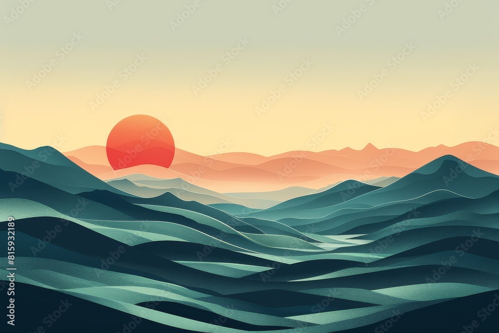 Stylized illustration of a serene sunset behind multiple layers of mountain ranges with a gradient of warm and cool tones.
Stylized illustration of a serene sunset behind multiple layers of mountain ranges with a gradient of warm and cool tones.