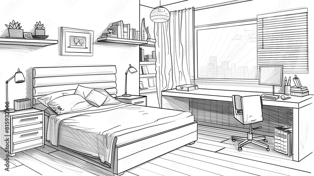 Small bedroom flat design side view spacesaving theme cartoon drawing black and white Small bedroom flat design side view spacesaving theme cartoon drawing black and white
