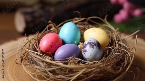 The nest is made of dry twigs intertwined with straw. In the nest, there are five eggs painted in bright colors