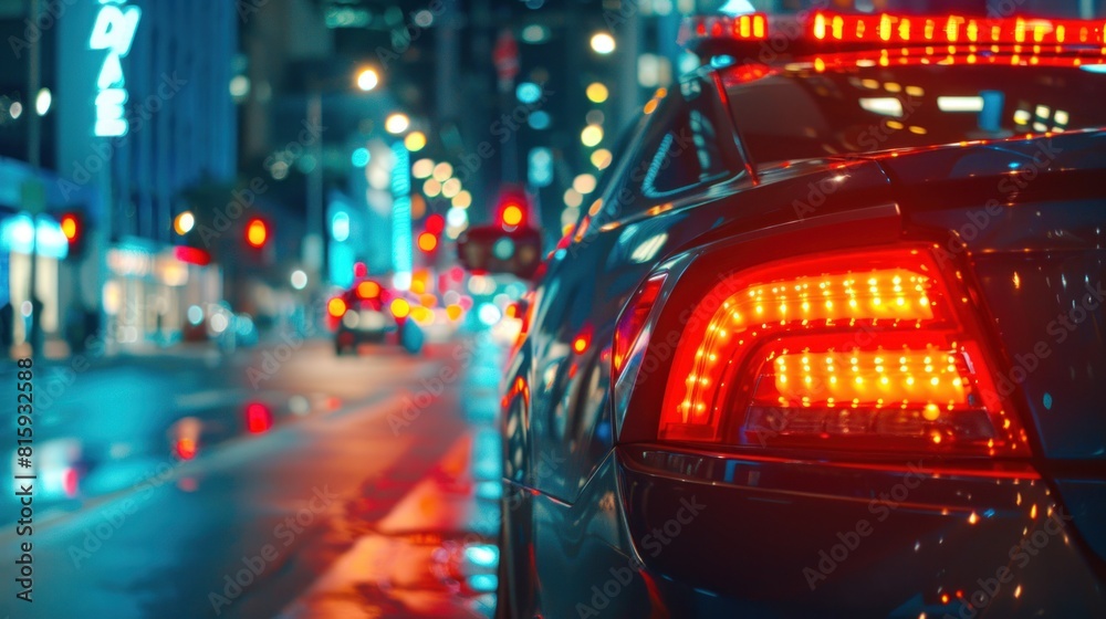 the back of a police car stopped on the road at night with its emergency lights on. the back of a police car stopped on the road at night with its emergency lights on.