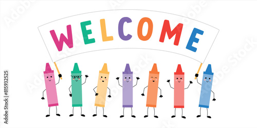 Welcome to Preschool with childish colorful crayon characters. Welcome back to school sign. Gender neutral inclusive design vector poster.