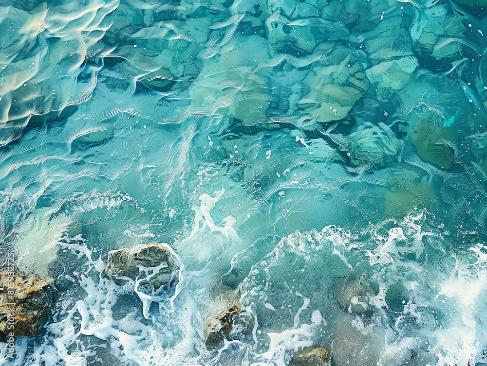 Can you paint me a picture of the ocean from a top down view? Make the water crystal clear so you can see the rocks on the bottom. Can you paint me a picture of the ocean from a top down view? Make the water crystal clear so you can see the rocks on the bottom.