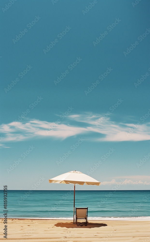Minimalist summer scene with a solitary beach umbrella and lounge chair on golden sand, against a calm blue ocean and clear sky.
Minimalist summer scene with a solitary beach umbrella and lounge chair on golden sand, against a calm blue ocean and clear sky.