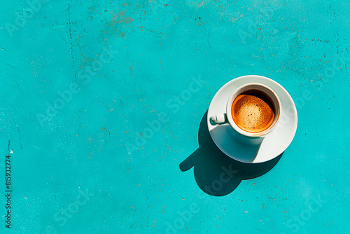 white cup with black coffee on blue background. Top view. Copy space photo