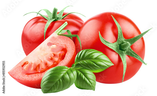 Delicious ripe tomatoes with basil leaves, cut out photo