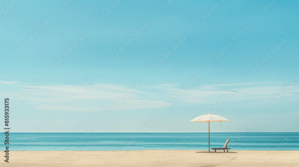 Fototapeta premium Minimalist summer scene with a solitary beach umbrella and lounge chair on golden sand, against a calm blue ocean and clear sky. 