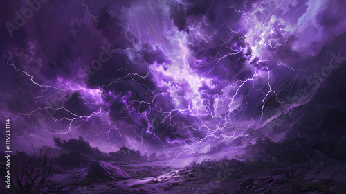 a bunch of lightning flashes in a purple sky, purple lightning streaks against a dark cloud in the sky.