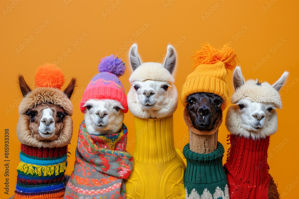 Alpacas in colorful hats and sweaters on the orange background