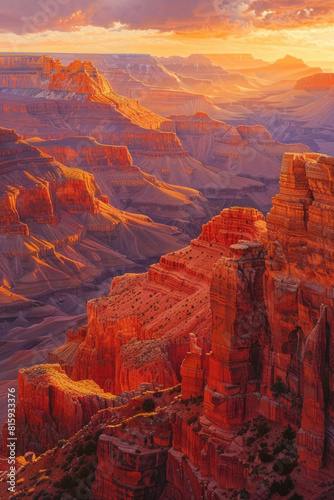 A spectacular canyon sunset with towering red rock formations bathed in golden light  casting long shadows across the rugged landscape as the sun dips below the horizon.