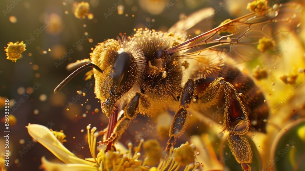 Close-up of a bee covered in pollen, transferring nature's life-giving substance from flower to flower. Close-up of a bee covered in pollen, transferring nature's life-giving substance from flower to flower.
