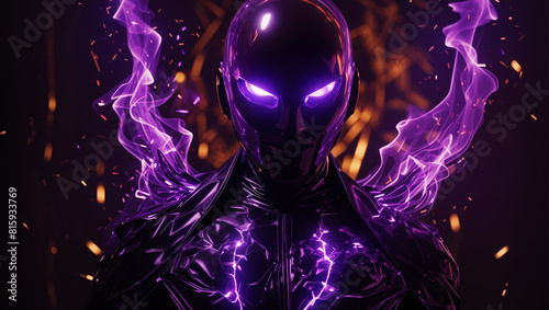 The image is of a dark figure with glowing purple eyes and purple fire surrounding it. photo