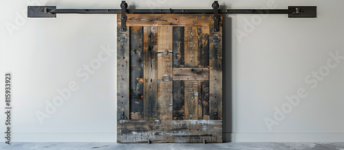 a sliding barn door with reclaimed wood and black metal hardware, offering space-saving functionality and rustic charm photo