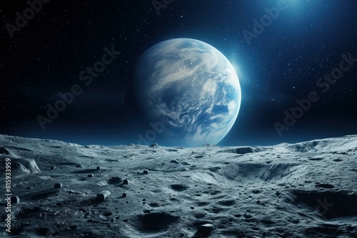 Stunning digital illustration of earth rising over the moon's desolate landscape