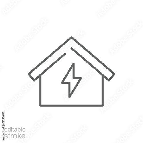 Home electrification icon. Simple outline style. House with lightning bolt, electric, construction, light, building, energy concept. Thin line symbol. Vector illustration isolated. Editable stroke.