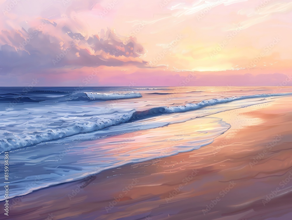 A beautiful beach scene with a setting sun and gentle waves lapping at the shore A beautiful beach scene with a setting sun and gentle waves lapping at the shore