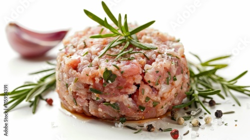 Fresh ground pork seasoned with garlic and herbs, close-up view for pork burger preparation, isolated background with perfect focus
