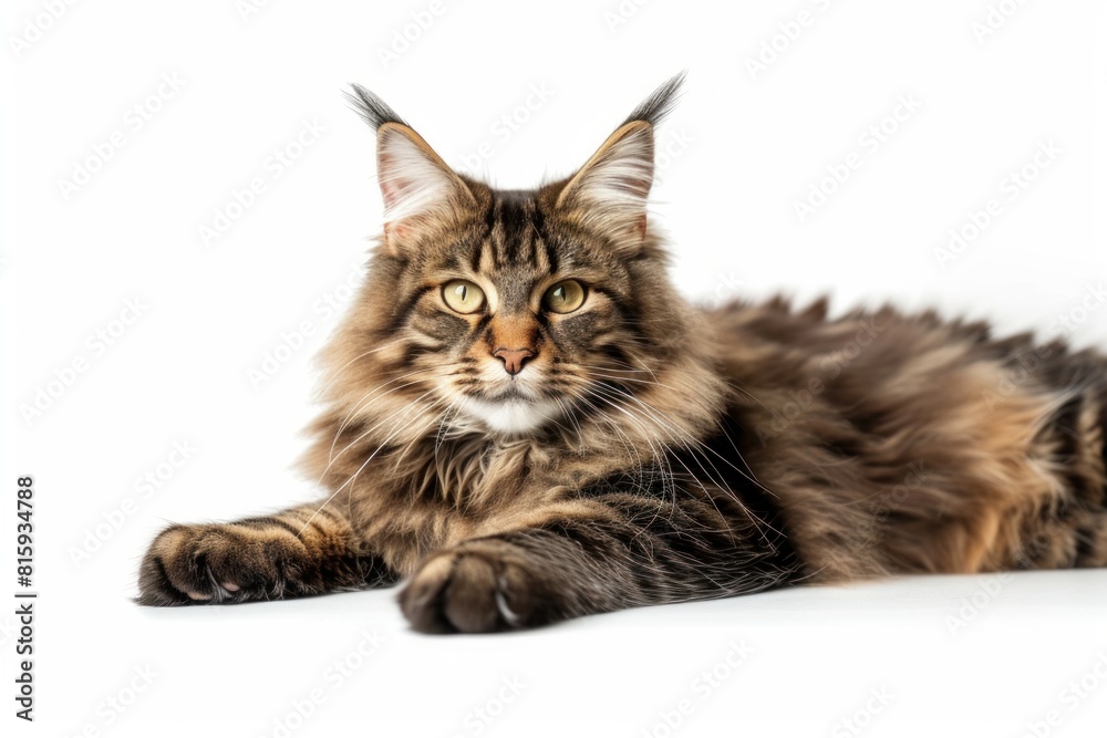 Majestic Maine Coon Lounging: Capture the grandeur of a Maine Coon cat in a relaxed pose. photo on white isolated background