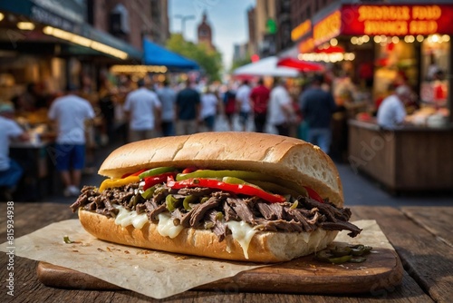 a Philly cheesesteak sandwich with thinly sliced beef, melted cheese, and sautéed onions and peppers, with a blurred background of a bustling street food market photo