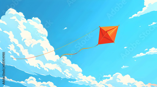 Summer Fun: Colorful Kite Flying High in the Bright Blue Sky Joy and Freedom in Outdoor Activities Vector Illustration for Design Projects