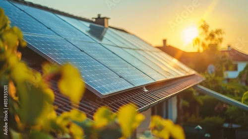 Solar panels on a home roof during a sunny day, showcasing renewable energy