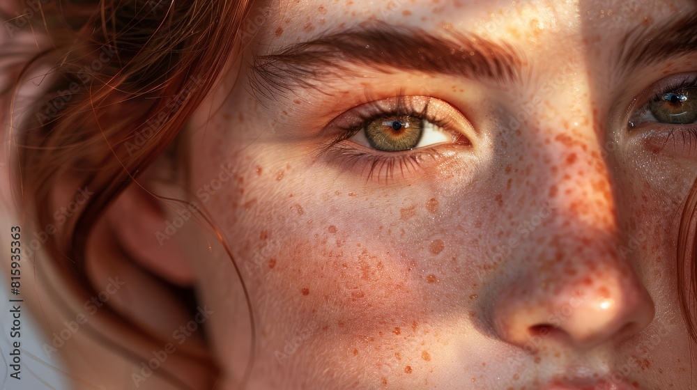 Woman's face bathed in golden hour light, highlighting her flawless skin and glossy hair Woman's face bathed in golden hour light, highlighting her flawless skin and glossy hair