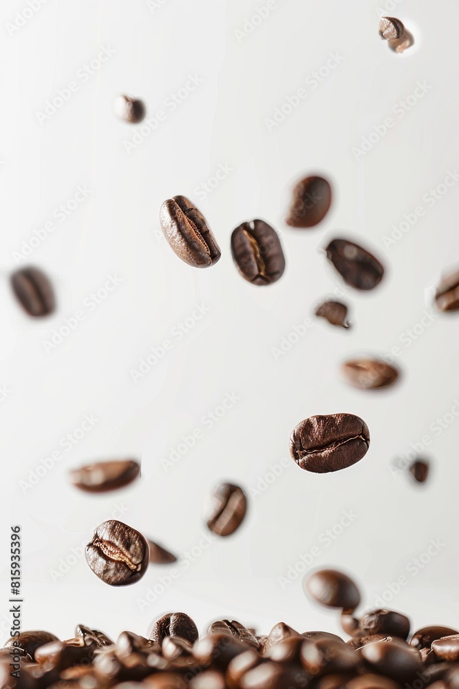 Falling coffee beans on white background with copy space, commercial photography。 Falling coffee beans on white background with copy space, commercial photography。