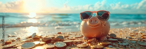 Luxury piggy bank with sunglasses on the beach, coins around and beautiful sea background, travel concept of financial savings for a vacation trip or summer holiday business