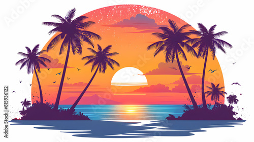 Cartoon Flat Design Icon: Palm Trees Silhouetted Against Vibrant Sunset Sky with Ample Copyspace for Text Evoking Tropical Beauty and Tranquility of Summer Evenings   Isometric Sce photo