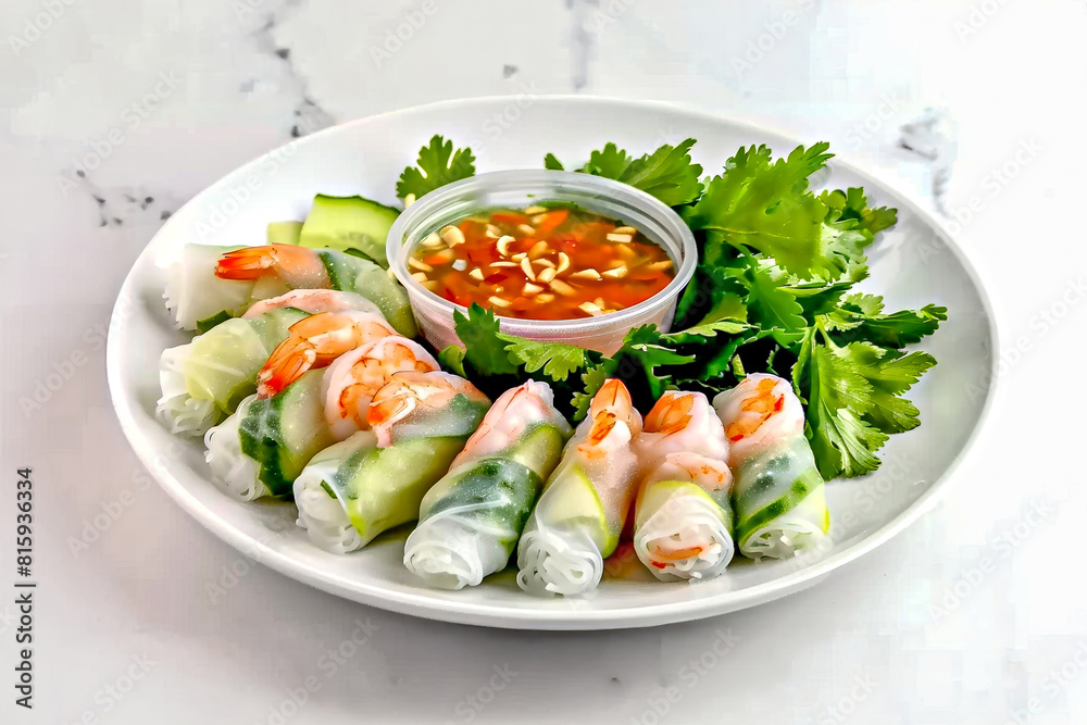 Fresh spring rolls with shrimp and vegetables in white platele background Fresh spring rolls with shrimp and vegetables in white platele background