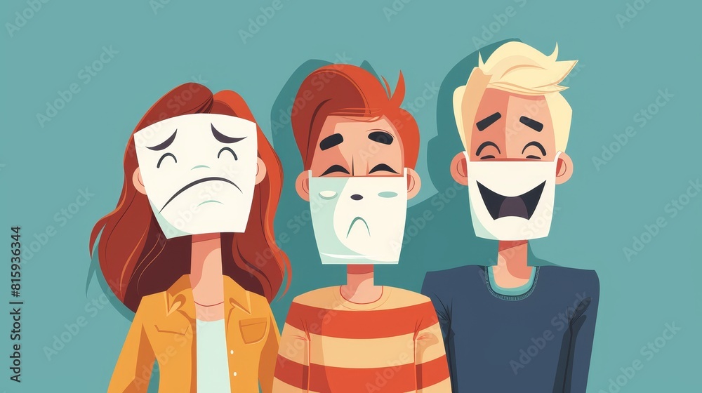 Illustration of a sad person hiding his or her face behind a smile and expressing positive and happy emotions. Illustrating a psychological problem or hypocrisy, hiding persona or individuality. Illustration of a sad person hiding his or her face behind a smile and expressing positive and happy emotions. Illustrating a psychological problem or hypocrisy, hiding persona or individuality.