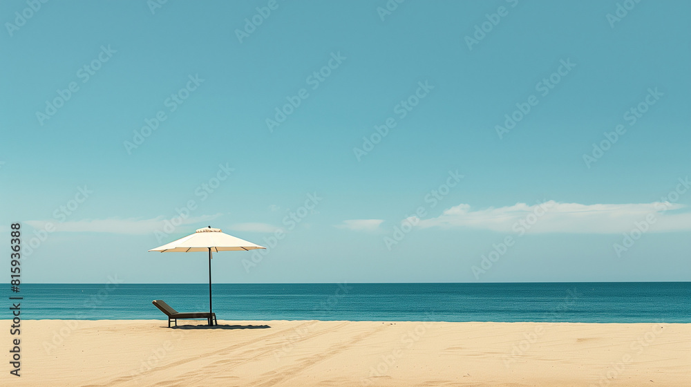 Solitary beach umbrella and lounge chair on pristine golden sand, with a backdrop of a calm blue ocean meeting a clear sky.
Solitary beach umbrella and lounge chair on pristine golden sand, with a backdrop of a calm blue ocean meeting a clear sky.