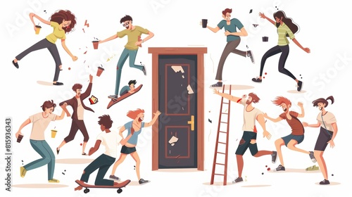 Falling from ladders, stooping on stools, getting injured on skateboards. Modern illustration of men and women failing, breaking cups, hitting door heads and dropping food. photo