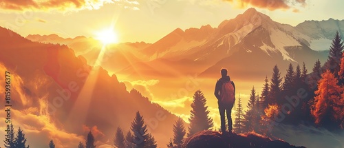 A man stands on the top of mountain with backpack and looks at beautiful sunrise over misty valley in autumn forest, winter mountains landscape. Man hiking or trekking standing against stunning sunset