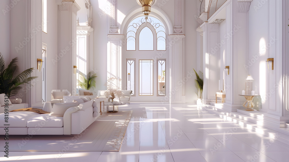 snowwhite luxury apartment interior with Egyptianstyle decor with light stylish furniture huge panoramic windows and an archway minimalism and simplicity with the elegance of modern ho : Generative AI