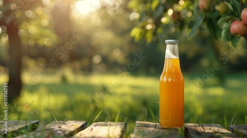 Packed apple juice on a background of green grass field
