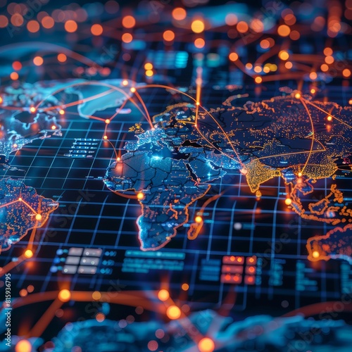Futuristic concept of global network and connectivity depicted on a TAbstract world map, showcasing the seamless integration of cyber technology. photo