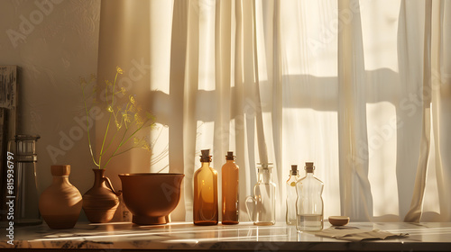 A room with a calm atmosphere with clay pots placedin front of the wall and curtains letting in natural lightGlass bottles coffee and various objects on a marbletable : Generative AI photo