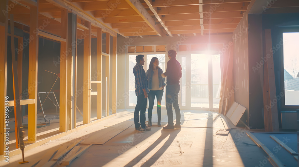 Interior designer and couple meeting in house under construction : Generative AI Interior designer and couple meeting in house under construction : Generative AI