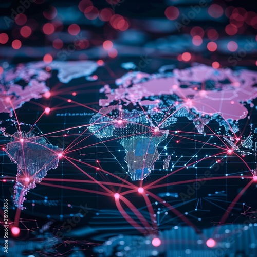 Futuristic concept of global network and connectivity depicted on a TAbstract world map, showcasing the seamless integration of cyber technology. photo