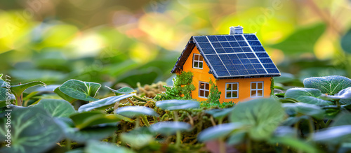 solar panels on the roof, a green home with solar panels, rainwater harvesting systems, and energy-efficient design, promoting sustainability and environmental responsibility