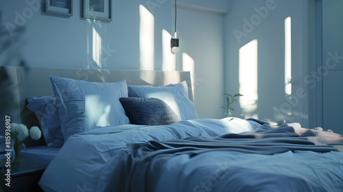 Stylish interior of contemporary room with comfortable bed : Generative AI