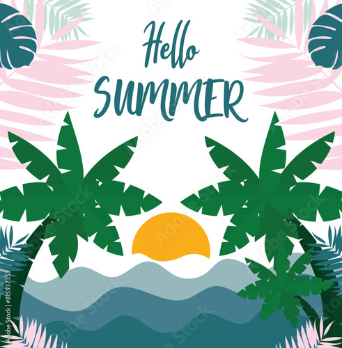 Summer concept design. Creative background of landscape, tropical leaves, sunset and palm trees. Summer sea poster.