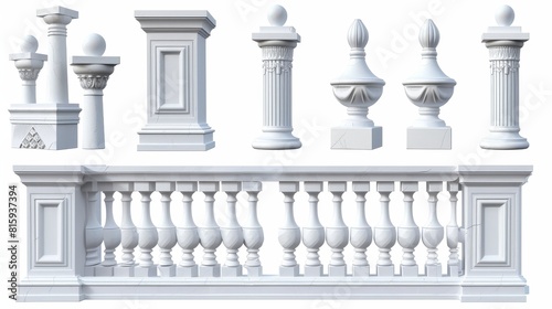 Marble or stone balustrades with pillars, columns, balusters and handrails. Modern realistic set of 3D fences in Greek or Roman style for balconies, terraces, and stairs.