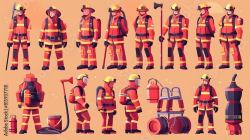 Fireman posters with extinguisher  buckets  ladders  ax and water hose. Modern banner with flat illustration of professional firefighters in helmets and safety gear.