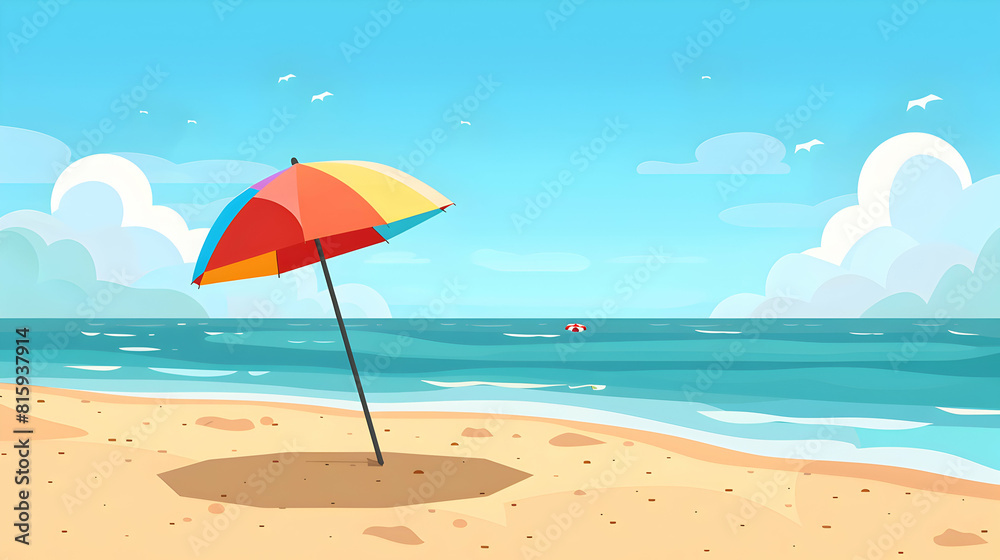 Relaxed Vibrant Sandy Beach: Colorful Umbrella Clear Sky Concept for Summer Cartoony Isometric Scene with Copyspace Relaxed Vibrant Sandy Beach: Colorful Umbrella Clear Sky Concept for Summer Cartoony Isometric Scene with Copyspace