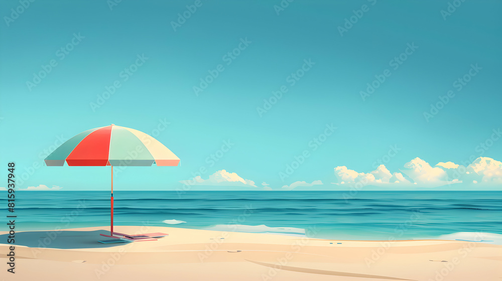 Sandy beach with colorful umbrella and clear sky   Relaxing summer concept with ample copyspace in cartoon flat design